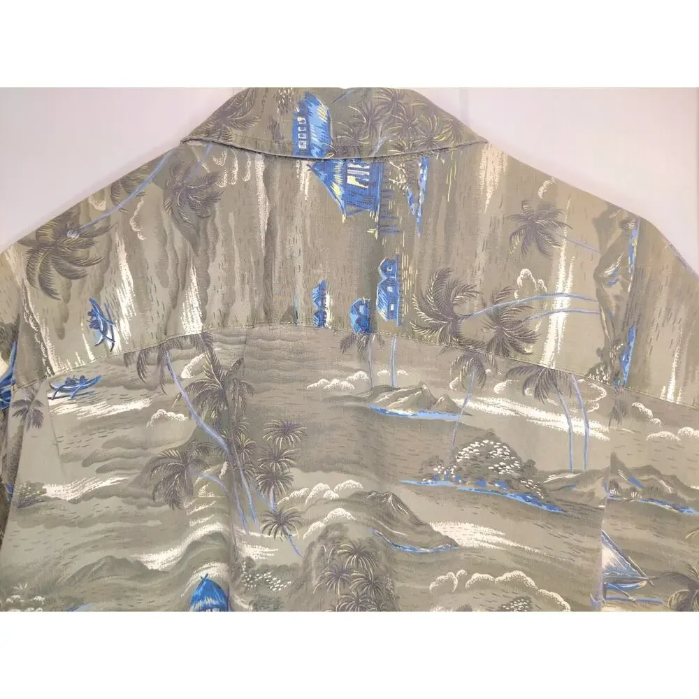 J.Crew Mens Large Hawaiian Camp Shirt Green Tropical Palm Trees Cotton Vintage